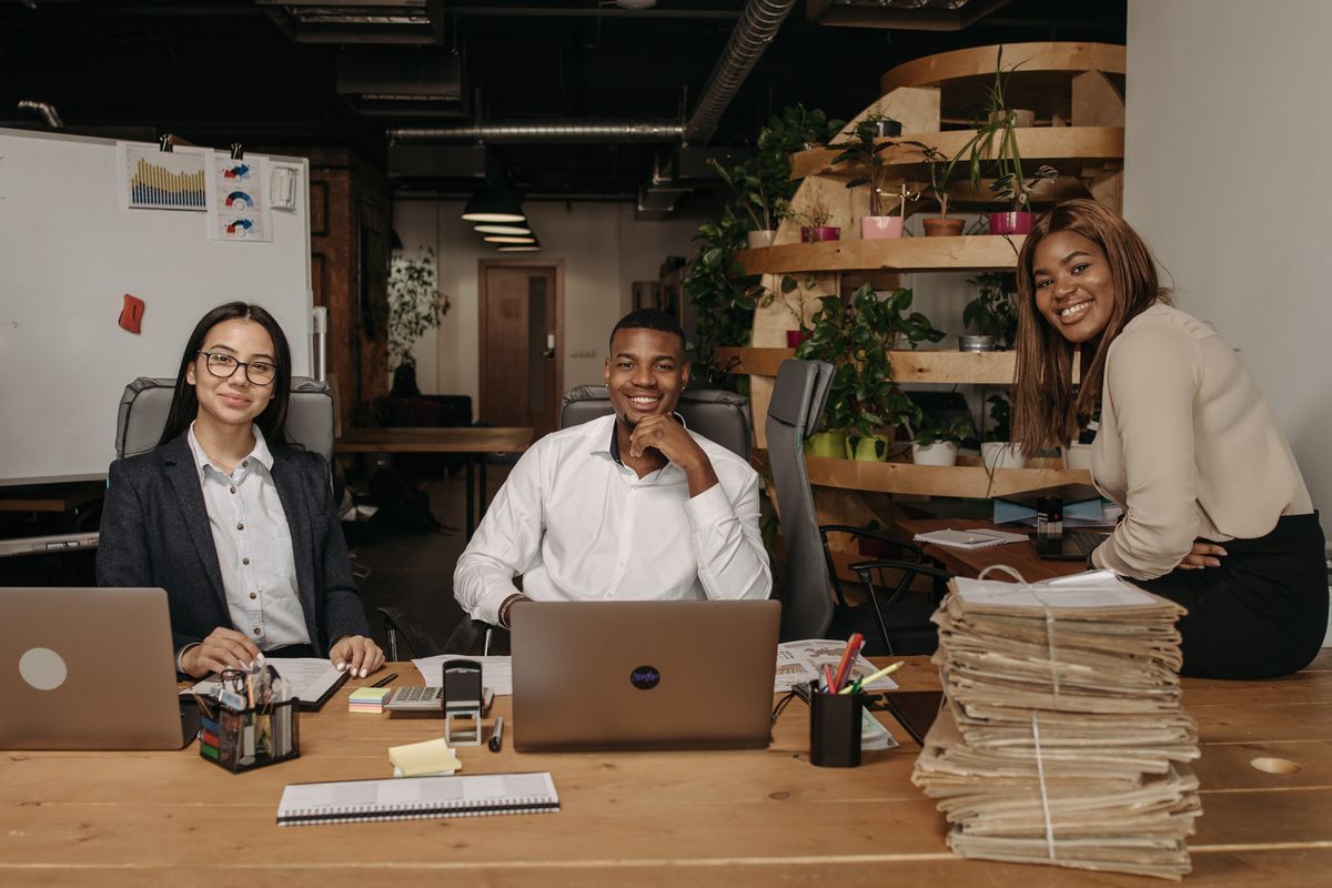 A marketing team collaborating in an office